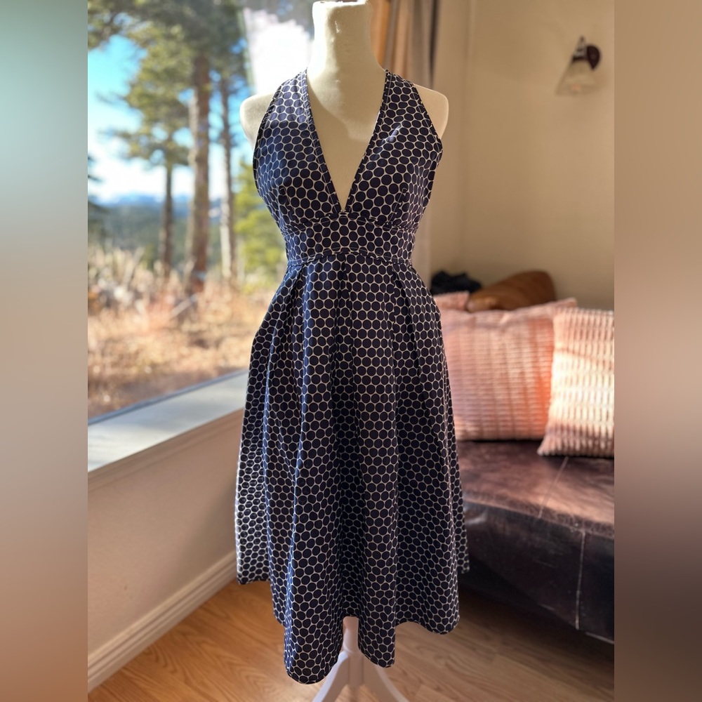 XS Navy and White Polka Dot Halter Pleated Dress